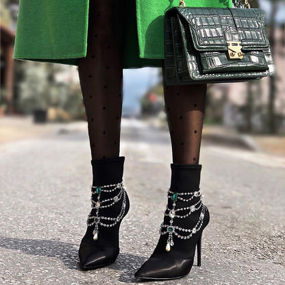 Black Satin Booties Faux Crystal Chain Stiletto Heel Ankle Boots