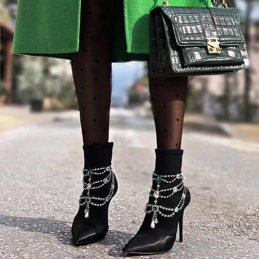 Black Satin Booties Faux Crystal Chain Stiletto Heel Ankle Boots