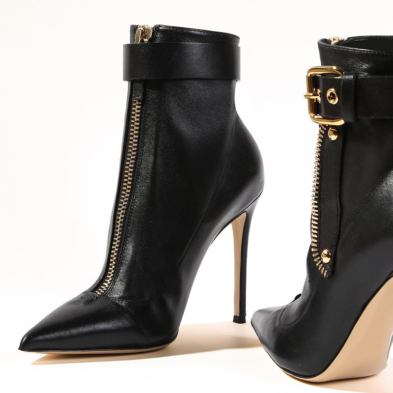 Black Faux Leather Pointed Toe Zipper Stiletto Heel Buckle Ankle Boots