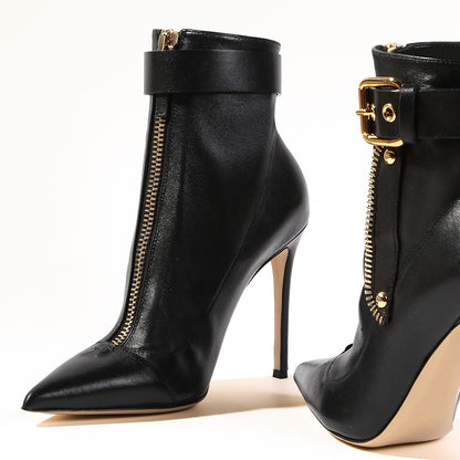 Black Faux Leather Pointed Toe Zipper Stiletto Heel Buckle Ankle Boots
