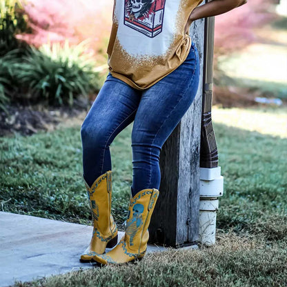 Yellow Chunky Heel Skeleton Embroidered Cowgirl Boots for Women