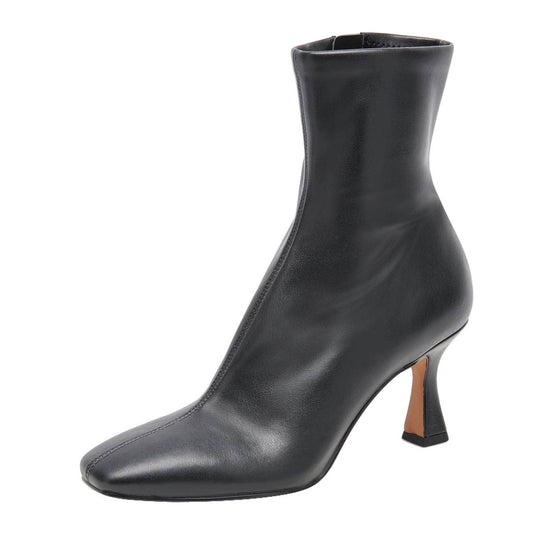 Black Square Toe Spool Heel Ankle Boots for Women with Zipper