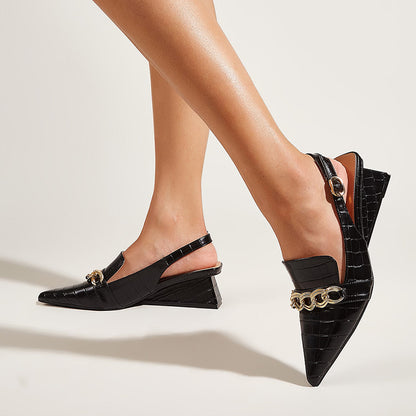 Black Croco Embossed Slingback Shoes Pointy Toe Block Heeled Loafers