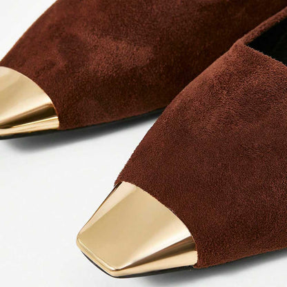 Women's Elegant Vegan Suede Metallic Square Toe Flats in Brown