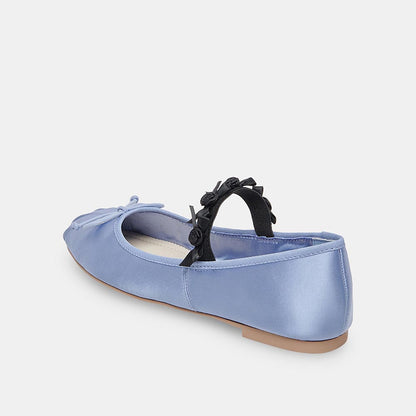Light Blue Satin Pleated Square Toe Bow Ballet Flats with A Strap