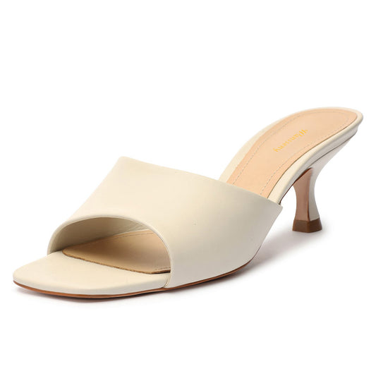 Vegan Leather Slip-On Open Square Toe Kitten Heel Mules Shoes in Ivory