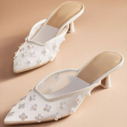 Women's White Mesh Pearl Flower Kitten Heel Pointy Toe Mules Shoes