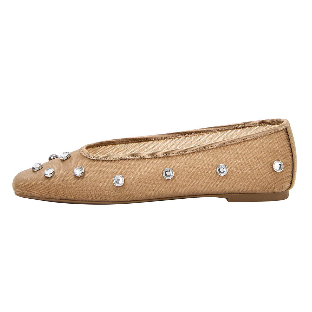 Tan Mesh Studded Rhinestone Square Toe Ballet Flats for Women