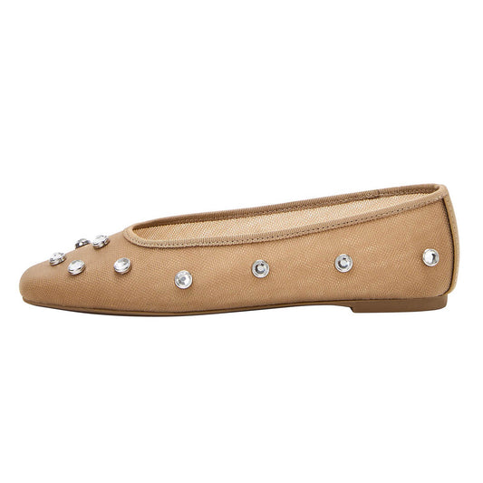 Tan Mesh Studded Rhinestone Square Toe Ballet Flats for Women