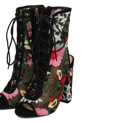 Black Sheer Mesh Peep Toe Lace Up Embroidered Block Heel Ankle Boots