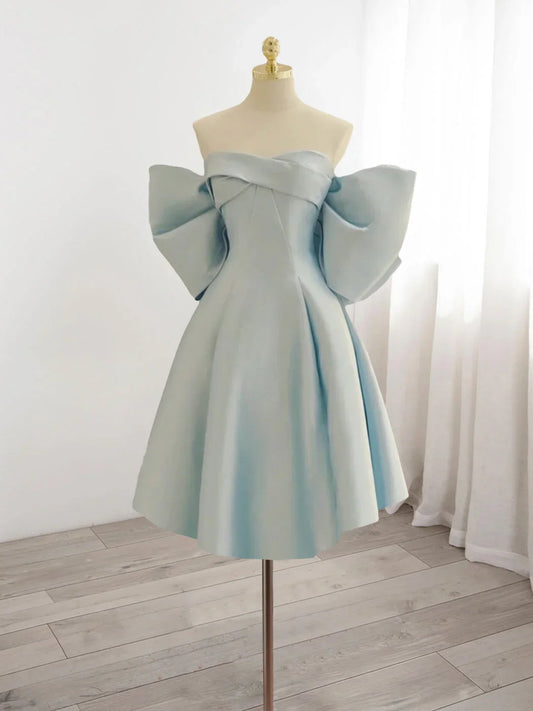Vintage Light Blue Sweetheart Strapless Bow Design A-line Satin Party Dress Homecoming Dress TP4055