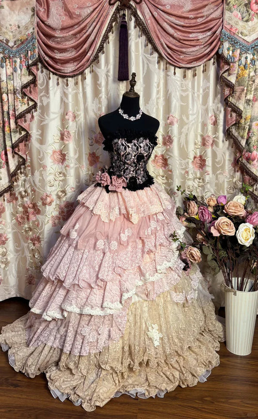 Vintage Pink Lace Strapless Tiered Sweet 16 Quinceanera A-Line Evening Dress Ball Gown TP4289