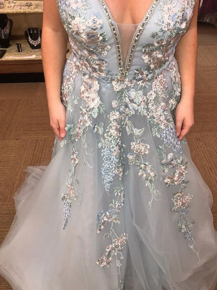 A-line V Neck Tulle Prom Dress With Floral Embroidery,WP129