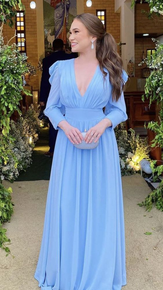 Light Blue Long Sleeves Chiffon Prom Dress Holiday Dresses