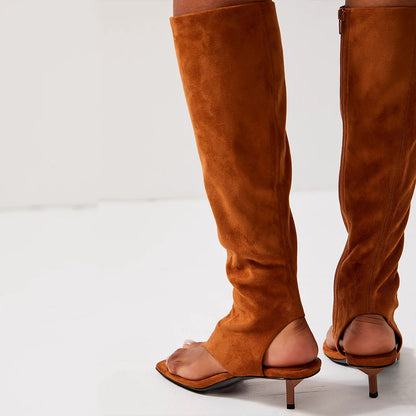Brown Vegan Suede Square Toe Kitten Heel Knee High Boots