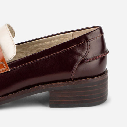 Maroon and Ivory Chunky Heel Slip-On Round Toe Women's Loafers
