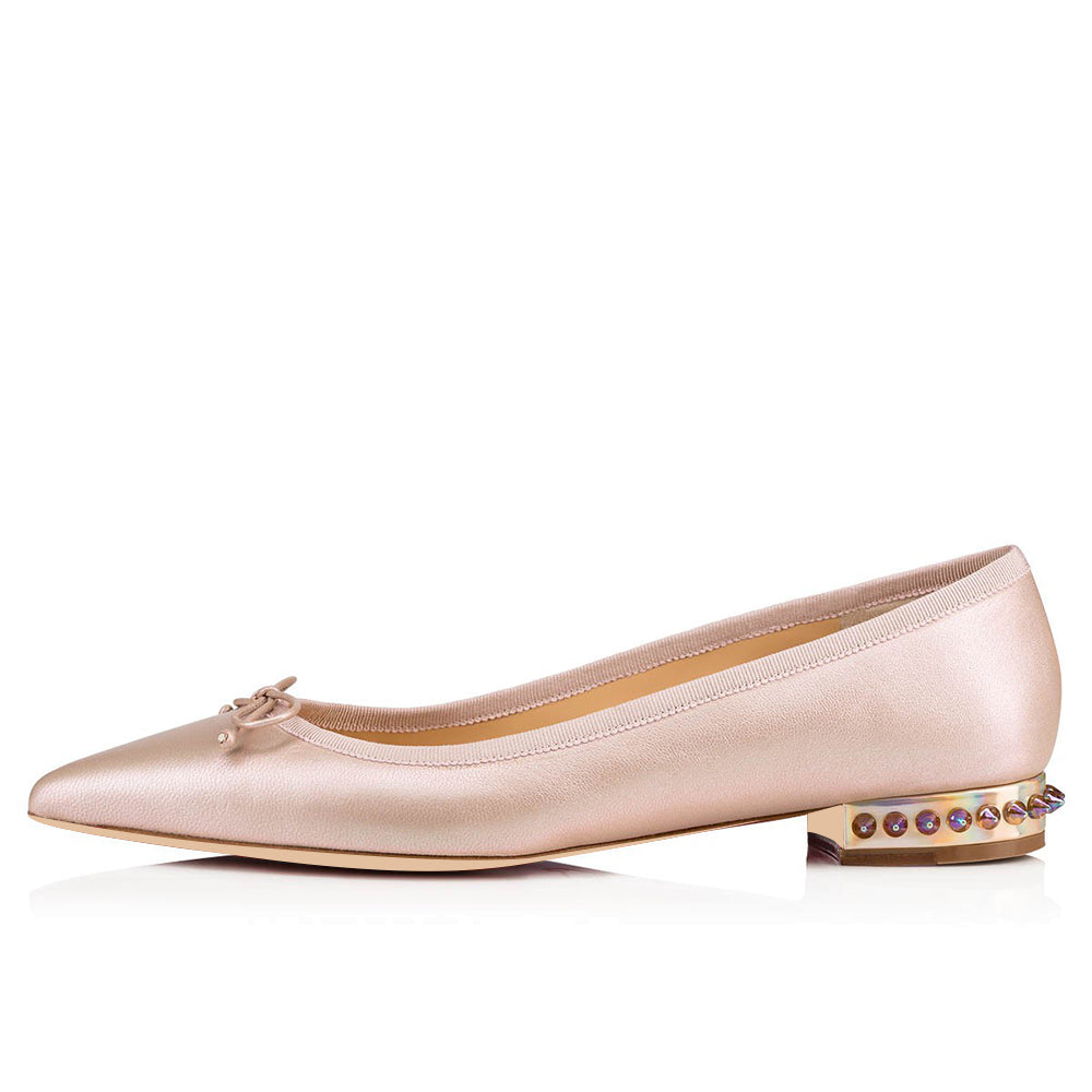 Blush Pointed Toe Rivets Comfortable Flats with Bow
