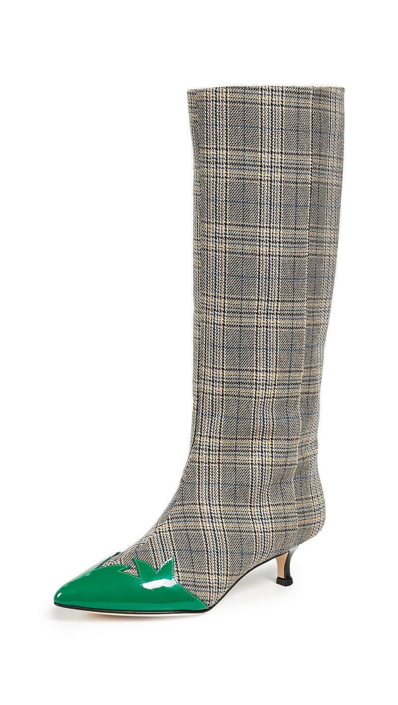 Grey Plaid Fabric Kitten Heel Green Pointy Toe Mid Calf Boots