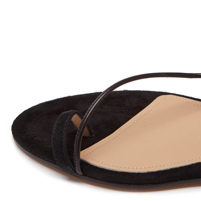 Black Vegan Suede Strappy Flats Toe Loop Sandals
