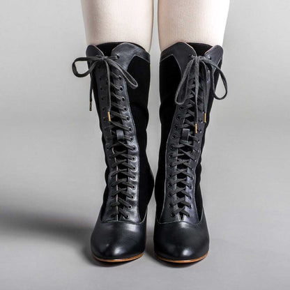 Vintage Black Closed-Toe Spool Heel Lace-Up Mid Calf Boots for Women