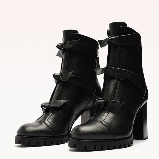 Black Round Toe Bow Embellished Chunky Heel Ankle Boots with Zipper