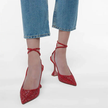 Women's Red Pointed Toe Flared Heels Wrap Strap Rhinestone Pumps Shoes