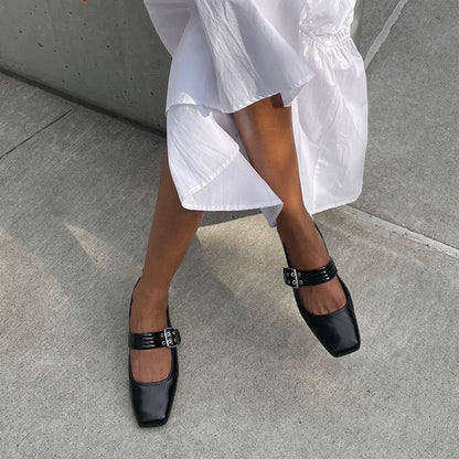 Black Patent Leather Square Toe Mary Jane Ballet Flats with Buckle