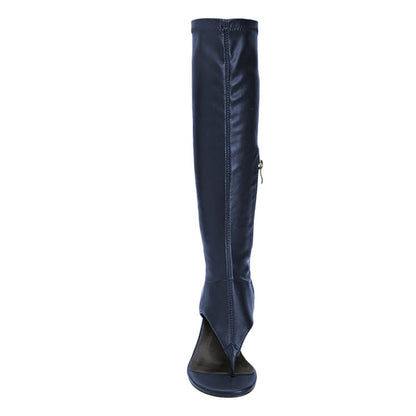Navy Kitten Heel Open Round Toe Knee High Boots with Zipper