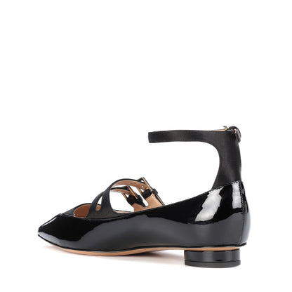 Black Patent Leather Mary Jane Shoes Three Strap Pointy Toe Flats