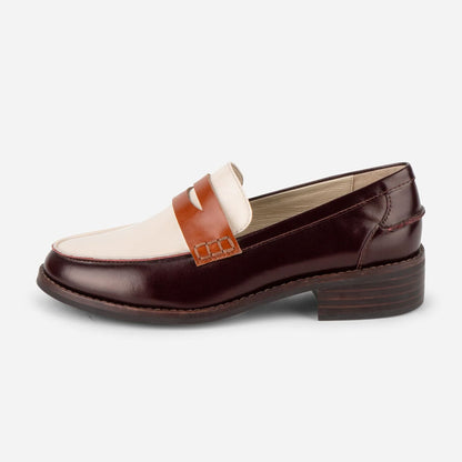 Maroon and Ivory Chunky Heel Slip-On Round Toe Women's Loafers