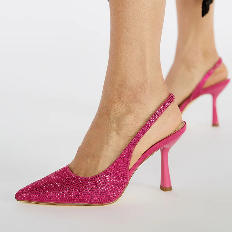 Fuchsia Pointed Kitten Heel Wedding Rhinestones Slingback Pumps