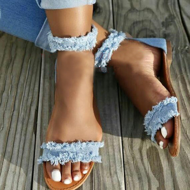 Light Blue Frayed Denim Flats Ankle Strap Beach Summer Sandals