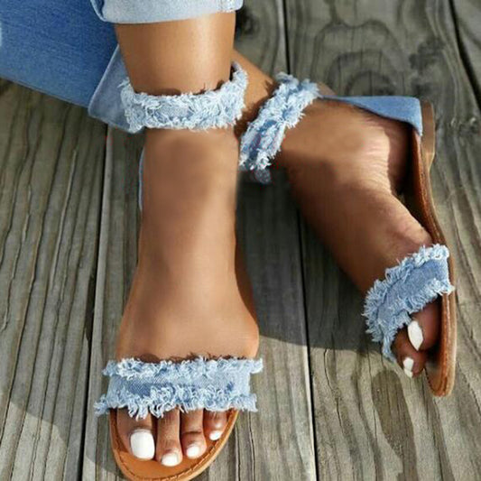 Light Blue Frayed Denim Flats Ankle Strap Beach Summer Sandals