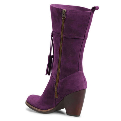 Purple Closed Toe Tasseled Tie Front Chunky Heel Mid Calf Boots