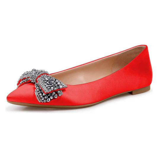 Red Satin Beaded Bow Pointed Toe Comfortable Flats