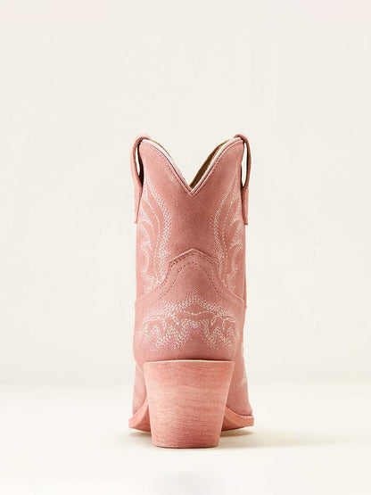 Women's Peach Faux Suede Snip Toe Embroidered Block Heel Cowgirl Ankle Boots
