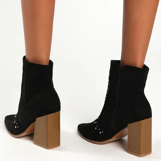 Black Vegan Suede Pointed Toe Studded Heeled Ankle Boots for Women