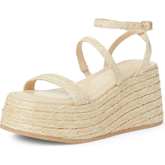 Beige Woven Strappy Wedge Heels Platform Espadrille Sandals