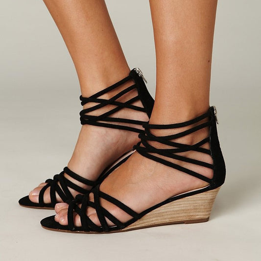 Black Crisscross Straps Open Toe Zip Closure Women's Wedge Sandals