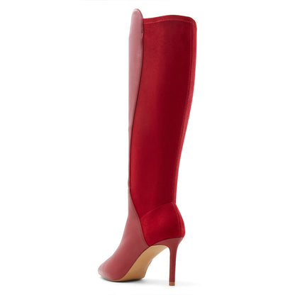 Maroon & Red Pointy Toe Stiletto Heel Knee High Boots with Zipper