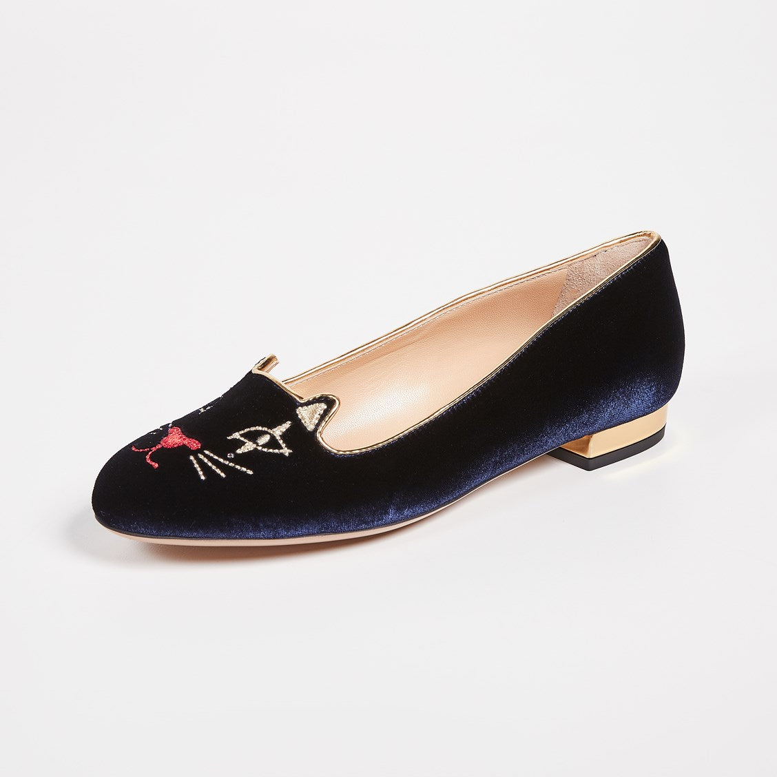 Navy Velvet Round Toe Cute Cat Embroidered Flats for Women