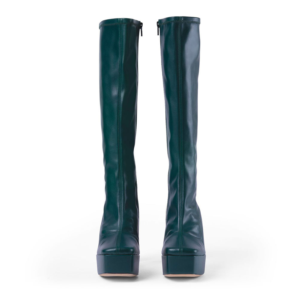 Dark Green Square Toe Backless Chunky Heel Platform Knee High Boots
