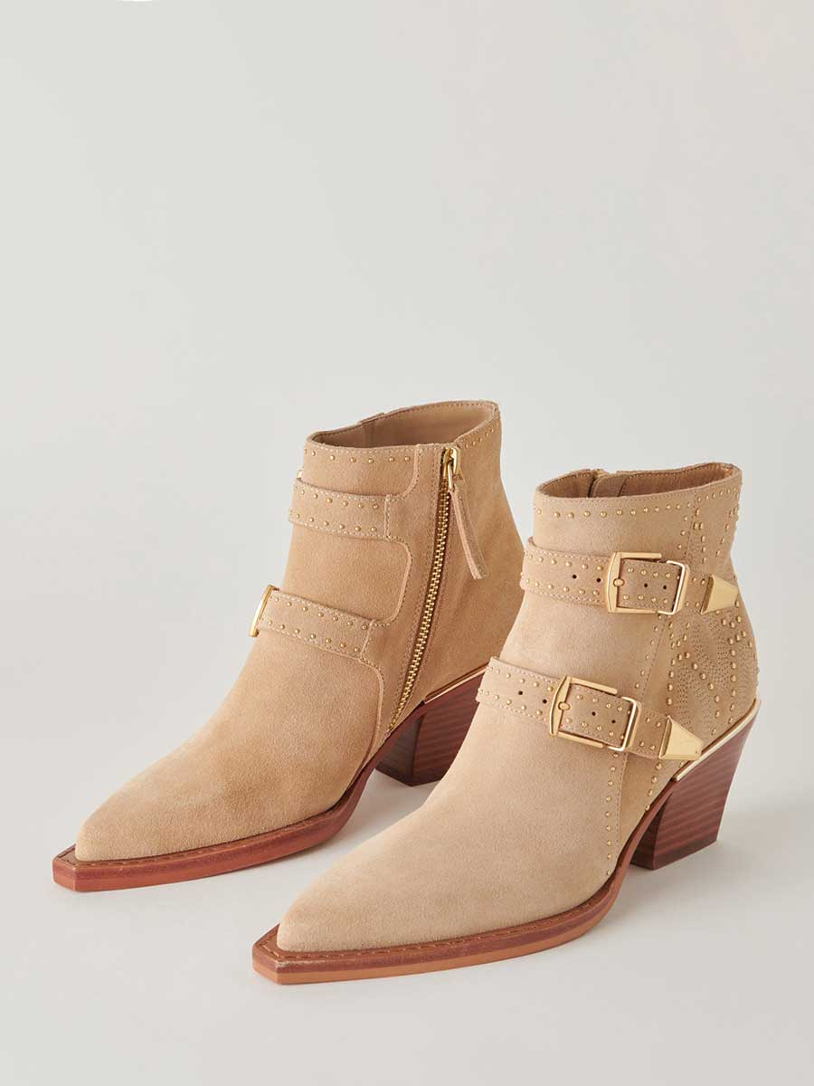 Brown Faux Suede Snip Toe Side-Zip Cowgirl Ankle Boots With Chunky Heels