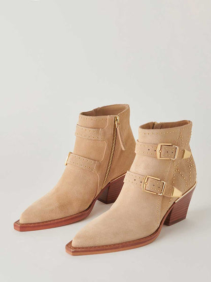 Brown Faux Suede Snip Toe Side-Zip Cowgirl Ankle Boots With Chunky Heels