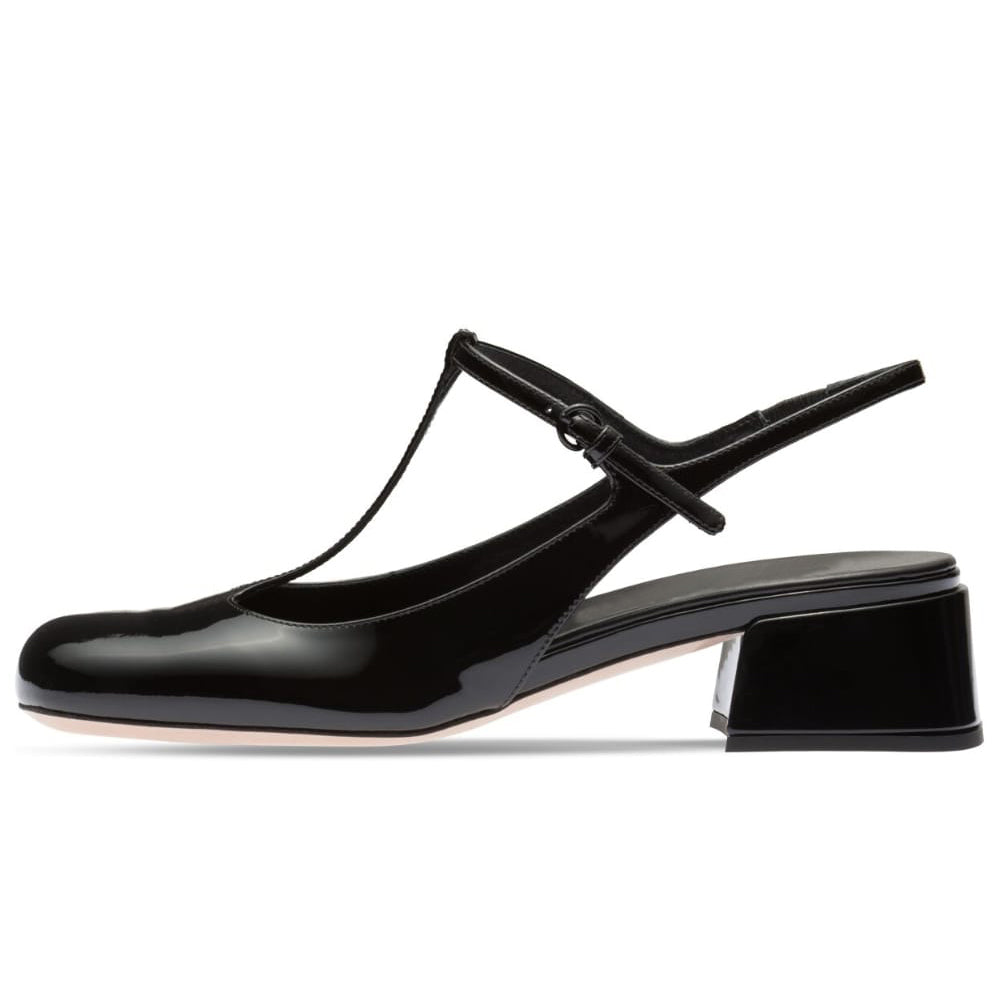 Black Patent Leather Square Toe Chunky Heel T-Strap Loafers