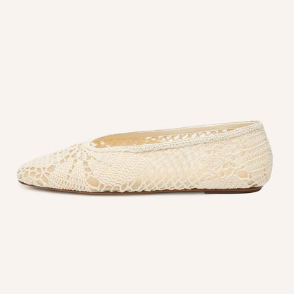 Women's Casual Ivory Crochet Square Toe Cut Out Ballet Flats