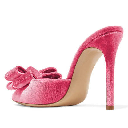 Women's Pink Velvet Bow Stiletto Heel Mules Shoes