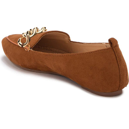 Brown Pointed Toe Flat Loafers with Gold Chain