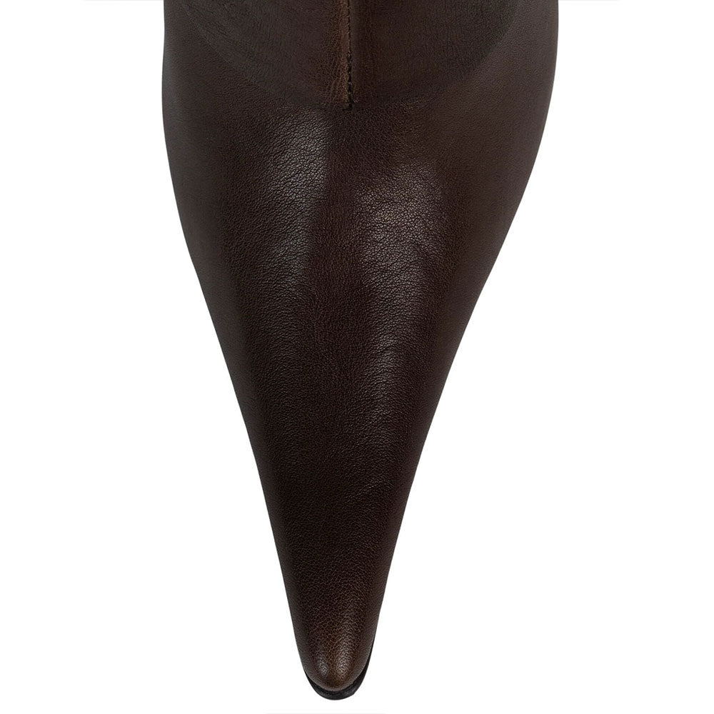 Brown Pointed Toe Buckle Strappy Knee High Boots with Stiletto Heel