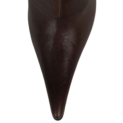 Brown Pointed Toe Buckle Strappy Knee High Boots with Stiletto Heel